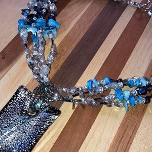 Handcrafted Beaded Necklace Teal Black Silver Glass Pendant